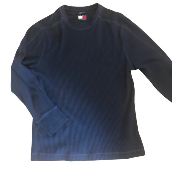 Tommy Hilfiger Sweater Ribbed Long Sleeve Crew Neck L/G Navy Blue Cotton Vintge - Picture 1 of 6